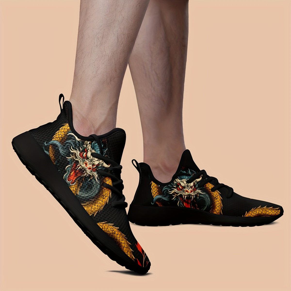 Atmungsaktive Laufschuhe aus chinesischem Drachen-Grafikdesign für Männer, bequeme weiche Sohle-Stoßdämpfer-Schnürschuhe