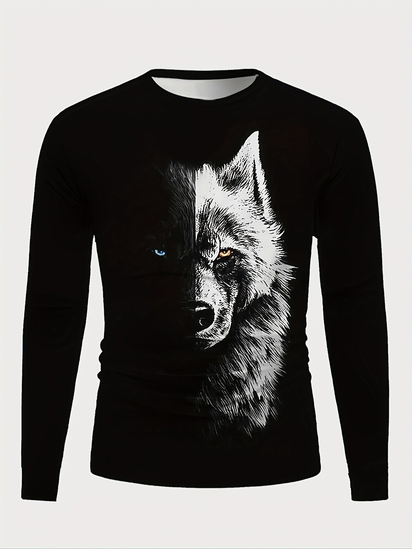 Camiseta de manga comprida com estampa de moda masculina Splicing Wolf Face, primavera outono