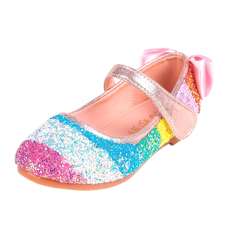 Girls Mary Jane Flats, Princess Dress Shoes With Sequins & Bows Decor