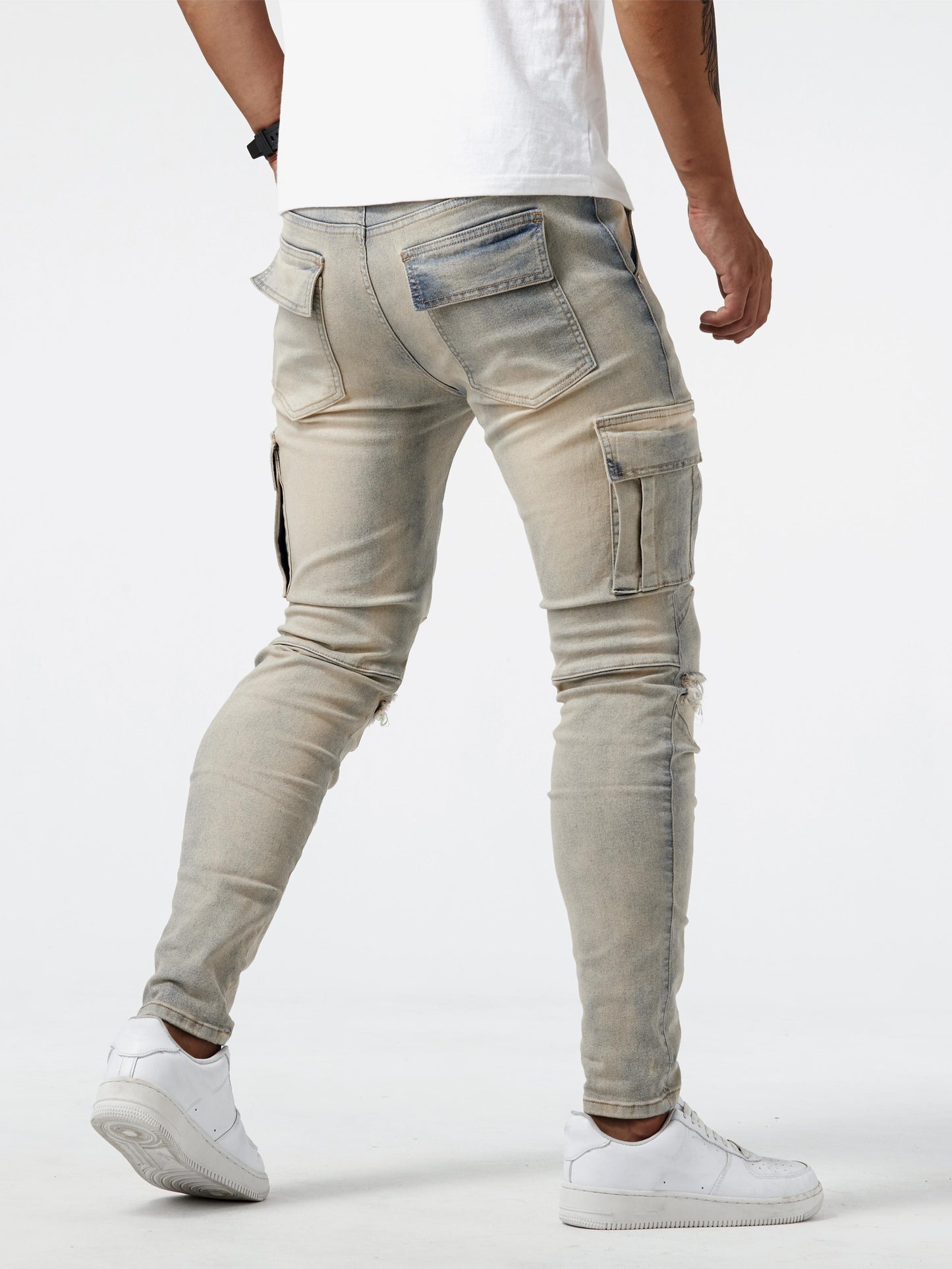 Men's Casual Multi Pocket Jeans, Street Style Medium Stretch Denim Pants