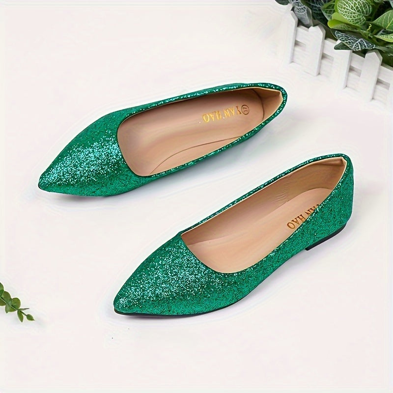 Women's Glitter Design Flat Shoes, Elegant Point Toe Slip On Shoes, Lightweight & Comfortable Shoes