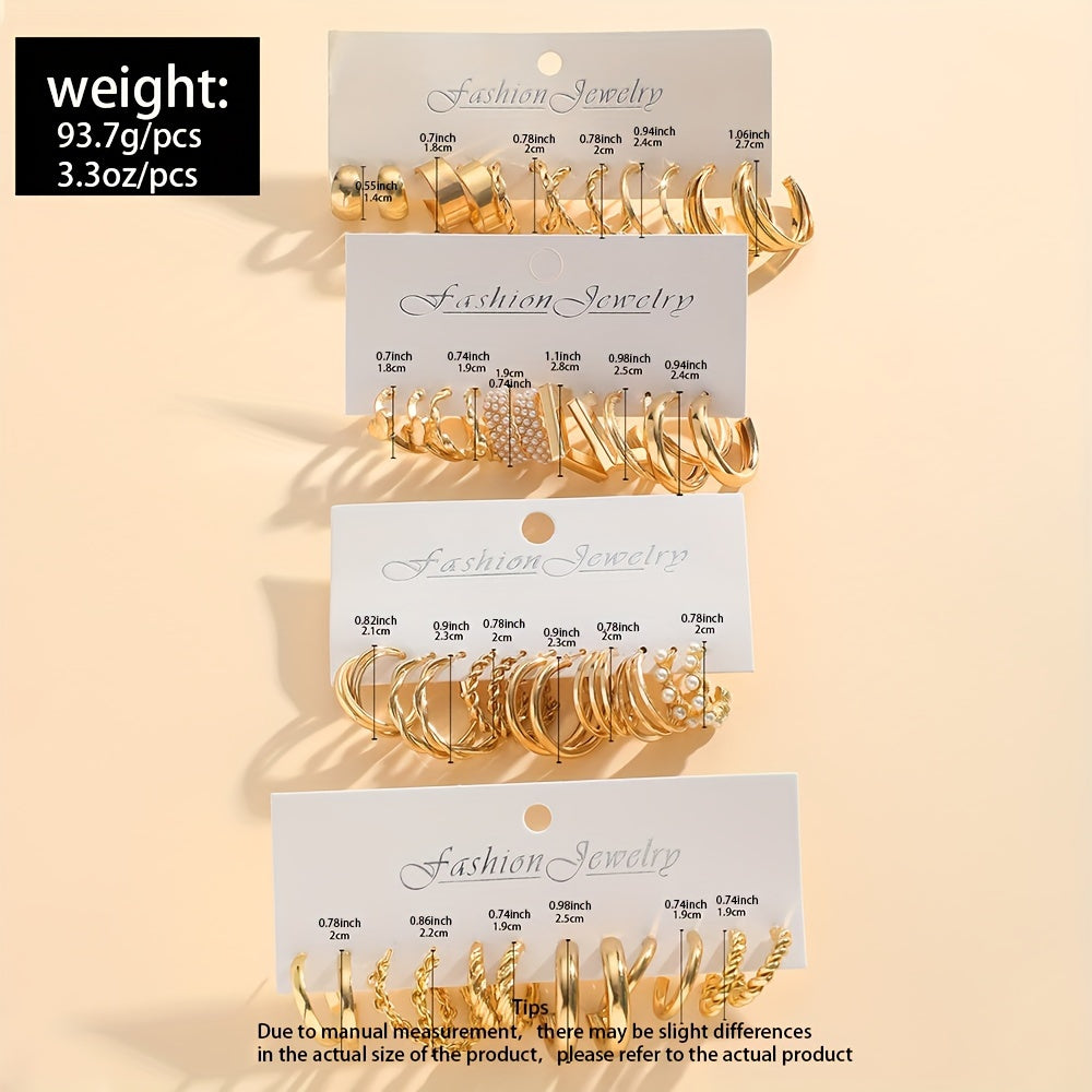 24 Pairs Golden Hoop Earrings Set With Faux Pearl Decor Sexy Simple Style Alloy Jewelry Delicate Female Gift