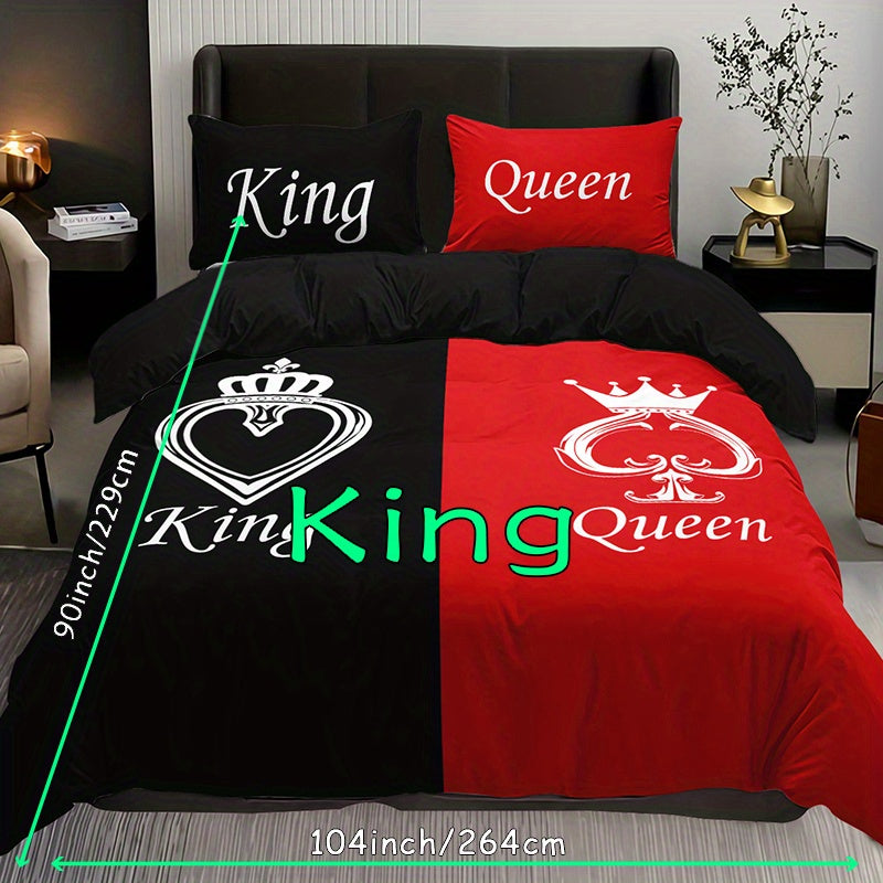 3pcs Duvet Cover Set, Black And Red Crown Pattern Bedding Set, Soft Duvet Cover For Bedroom, Guest Room (1*Duvet Cover + 2*Pillowcase, Without Core)