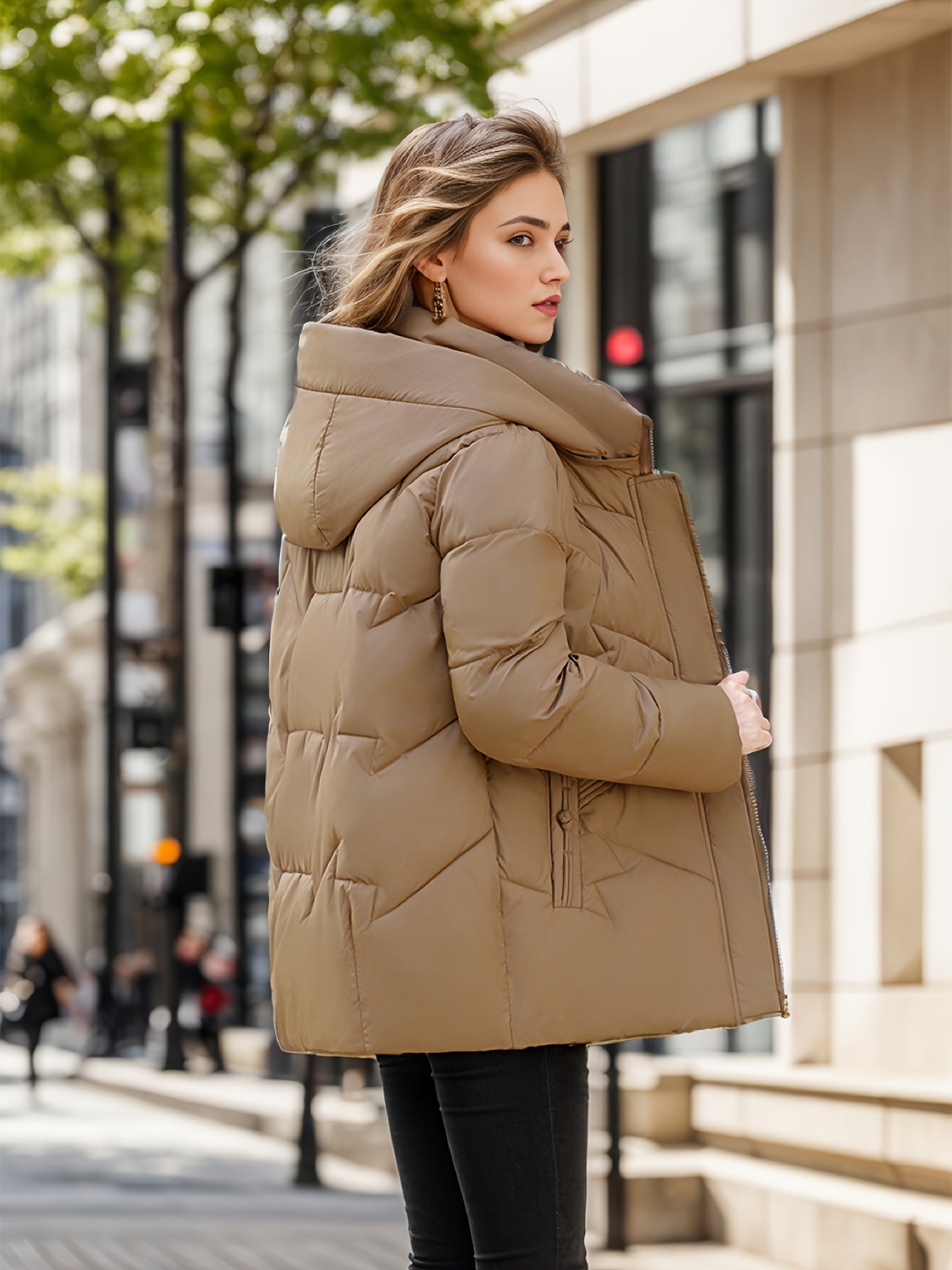 Zip-up Hooded Puffy Coat, Casual Thermal Solid Long Sleeve Coat For Fall & Winter, Women's Clothing