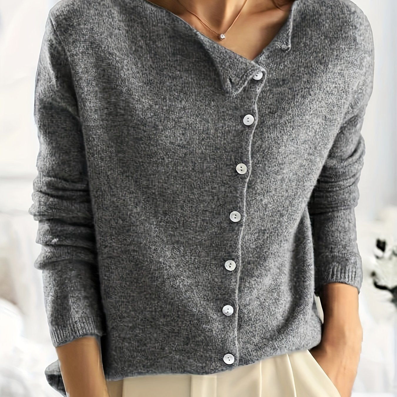 Solid Asymmetrical Button Front Knit Cardigan, Casual Crew Neck Long Sleeve Sweater, Women's Clothing