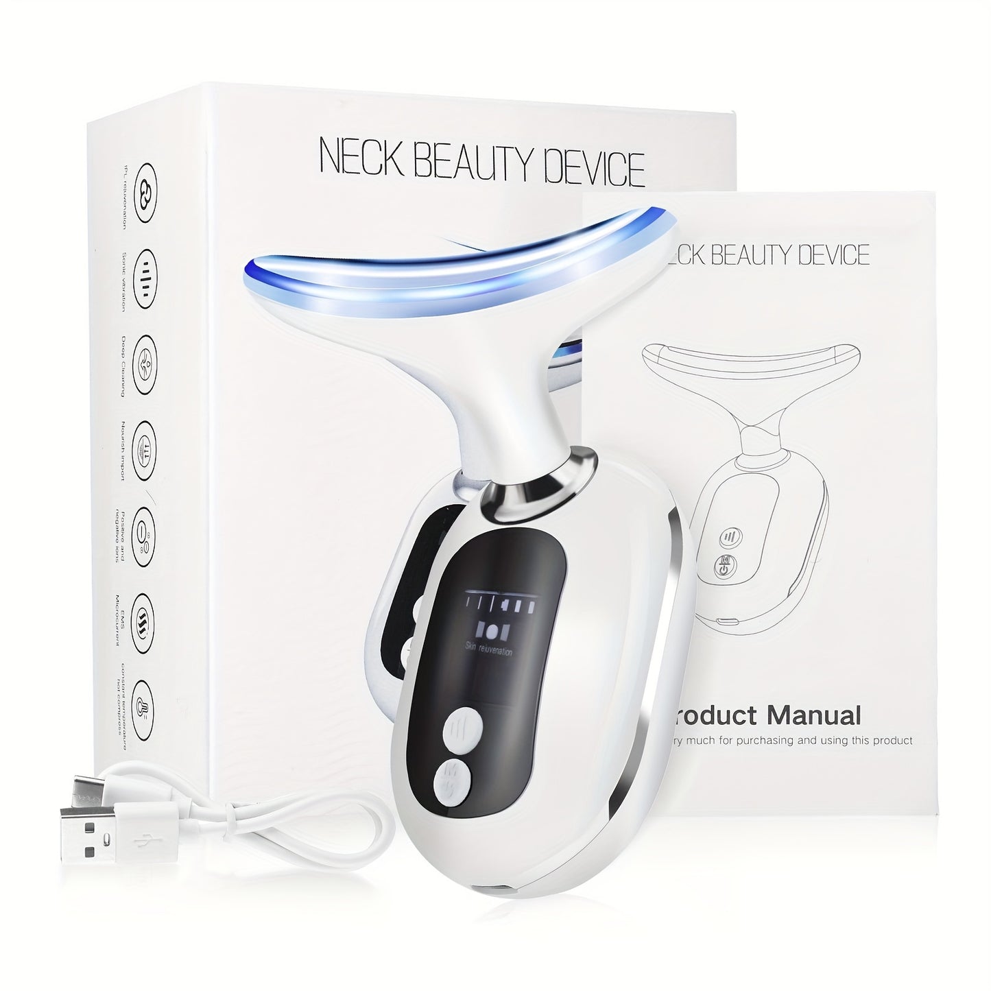 Neck Beauty Instrument, Triple Colour Light Face & Neck Massage Beauty Instrument USB Rechargeable, White, Gift For Women