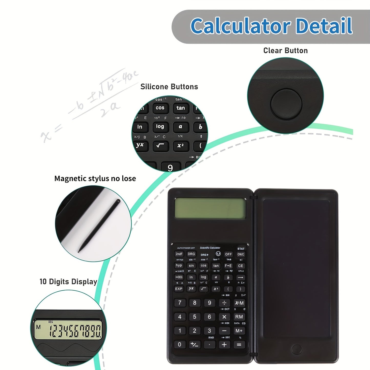 Scientific Calculators10-Digit LCD Display Foldable Calculator With Handwriting board, Dual battery powered forTeacher, Engineer