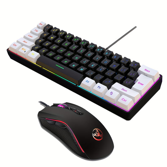 60% verdrahtete Gaming Tastatur und Maus Combo Numpad und Maus Set, 61 Tasten Mini-Hintergrund beleuchtung USB-Typ-C-Verbindung Gaming Tastatur Gaming Maus 3200 DPI True RGB Mechanisches Gefühl für PC-Gamer (Schwarz-Weiß-Tastatur + Schwarze Maus)