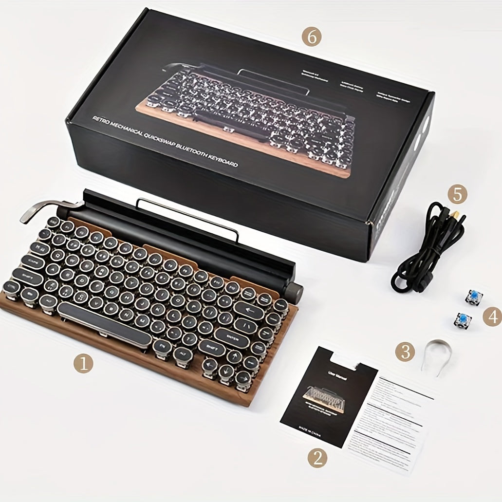 Wired And Wireless Retro Typewriter Mechanical Keyboard, Compact LED Backlit 83 Keys, Removable Axis Body, Round Keycap, Compatible With Windows\u002FmacOS\u002FAndroid\u002FLinux Mobile Phones And Tablets