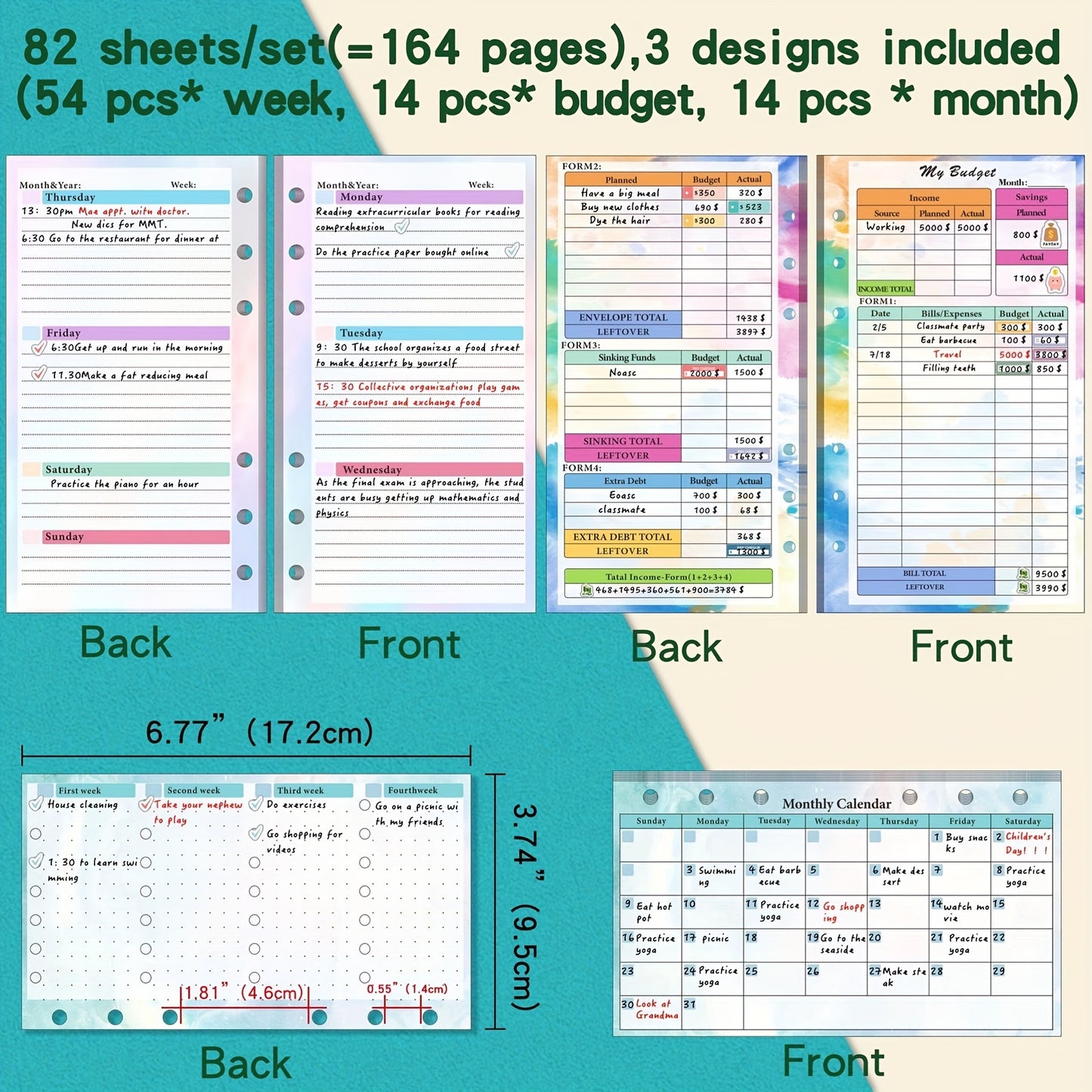 Organize sua vida: 82 folhas de recarga de papel de folhas soltas com 6 furos para recargas de orçamento, planejador semanal e mensal com réguas adesivas de bolso para fichário