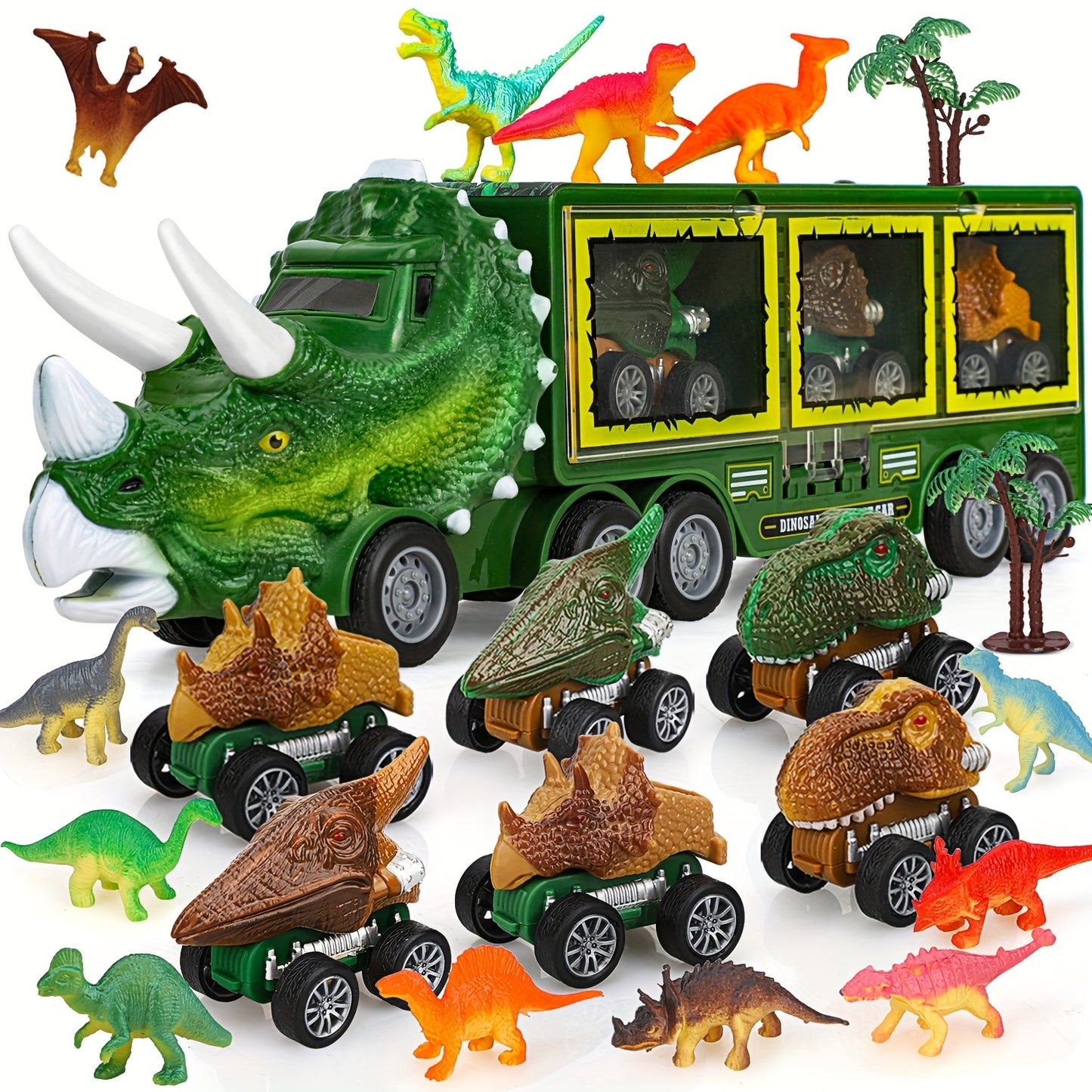 Dinosaur Toys 21pcs \ u002F Pack Dinosaur Truck com 6 carros de dinossauro retráteis e figuras de dinossauro, brinquedos para meninos e meninas, caminhão transportador de dinossauro presentes de Natal