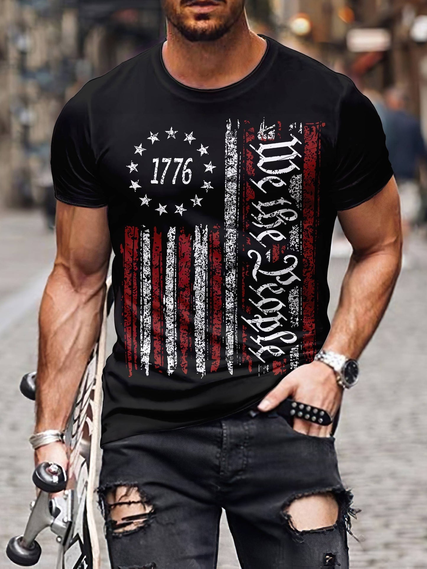 Independence Day Retro T Shirt, Plus Size Men's National Flag Graphic Print T Shirt Tees Tops For Summer, Men Clothing