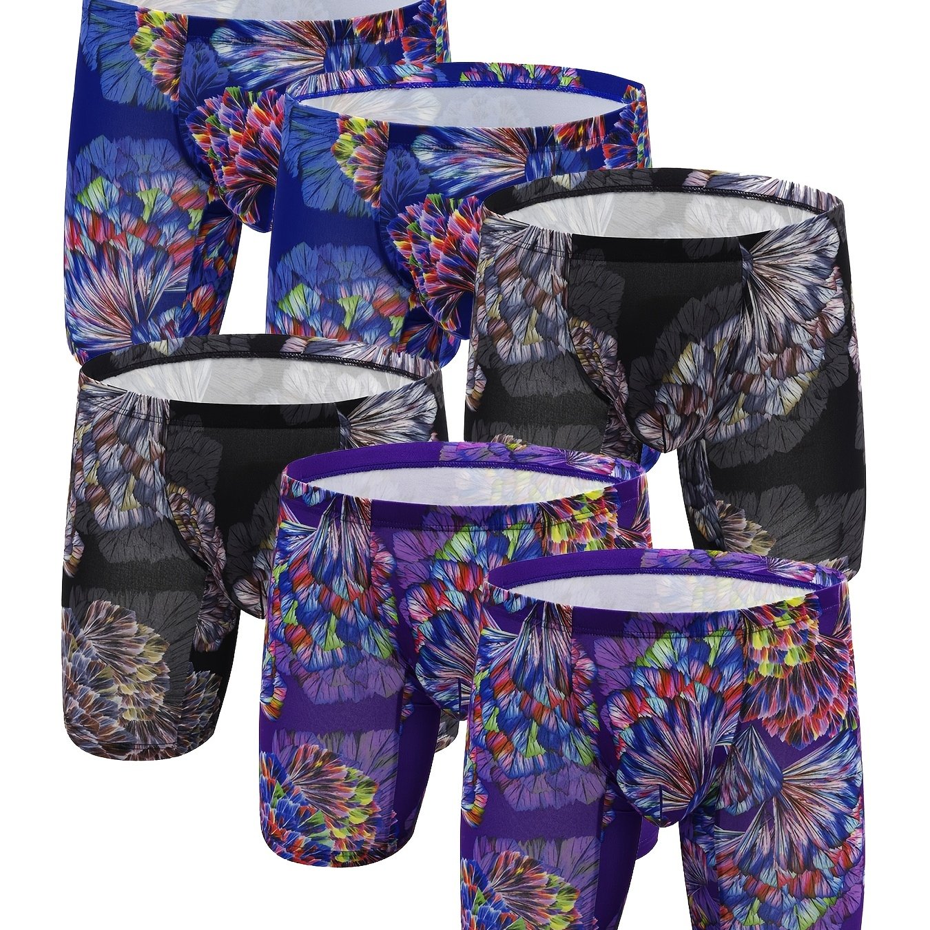 6 peças masculinas com padrão de flores, personalidade da moda, cuecas boxer de perna longa, respiráveis, confortáveis, de secagem rápida e elásticas, cuecas boxer em forma de U, calcinhas com bolsa convexa em forma de U, roupas íntimas masculinas