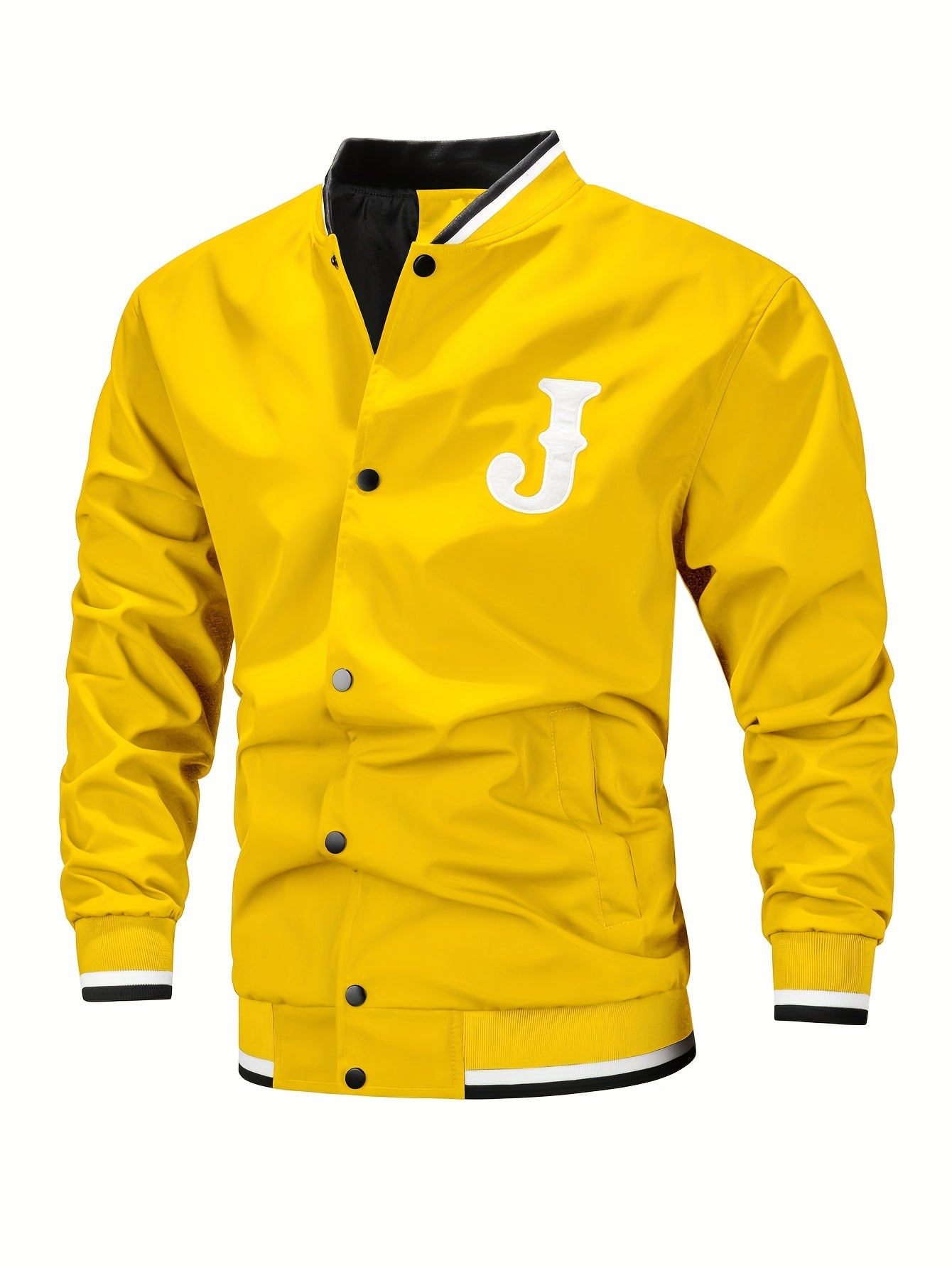 Men's Casual Letter Print Varsity Jacket, Chic Baseball Collar Button Up Bomber Jacket