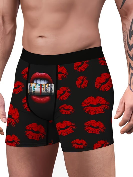 Breathable Men's Boxer Briefs with Fun Lips Print - Comfortable Underwear for All-Day Wear