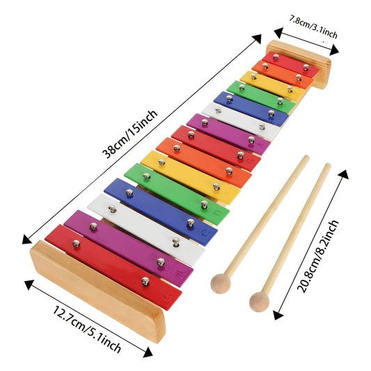 Two Sets Wooden Xylophone For Toddlers - 15 Vibrant Tones With Multi-Colored Metal Bars And Mallets Included