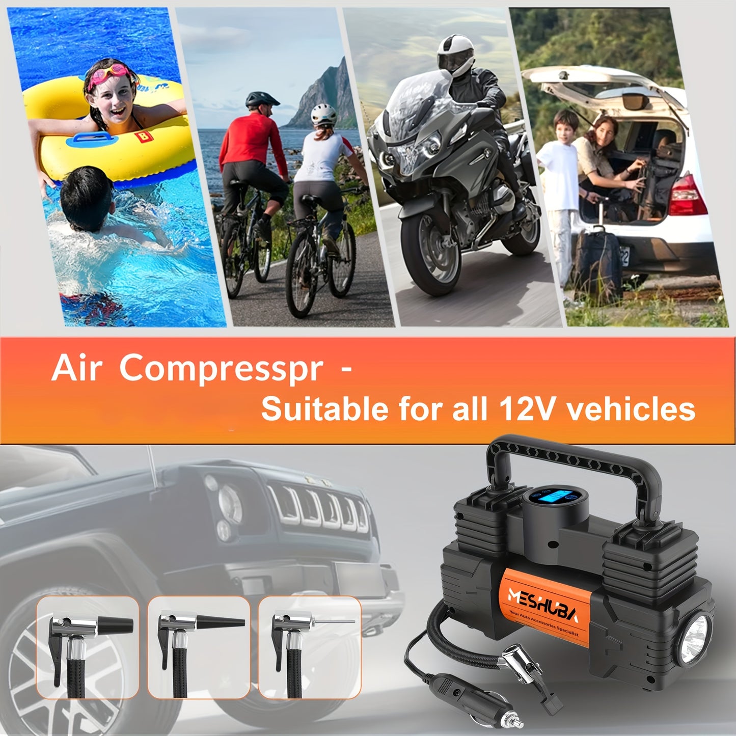 Inflador de pneus MESHUBA Compressor de ar portátil de 12 V, bomba de ar de 150 PSI para pneus de carro com manômetro digital para bola de motor de bicicleta de carro, laranja