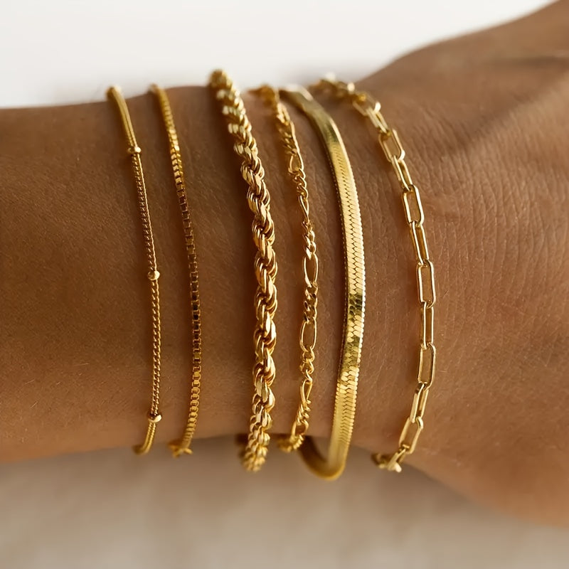 Conjunto de pulseira de corrente fina banhada a ouro 14K de múltiplas camadas, estilo simples, joias de corrente de mão para mulheres