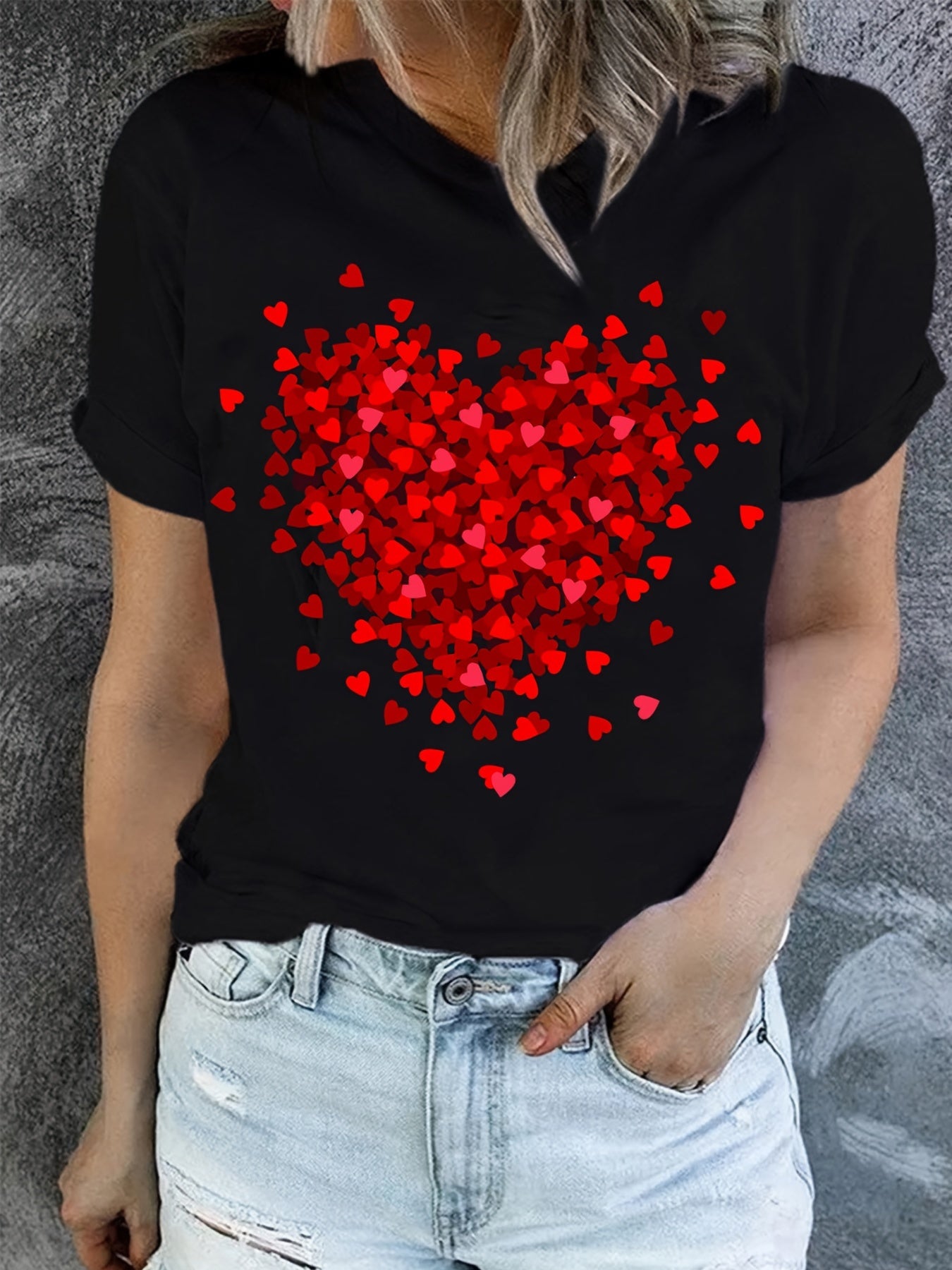 Heart Print T-Shirt For Valentine's Day Gifts, Crew Neck Short Sleeve T-Shirt, Casual Every Day Tops, Women's Clothing