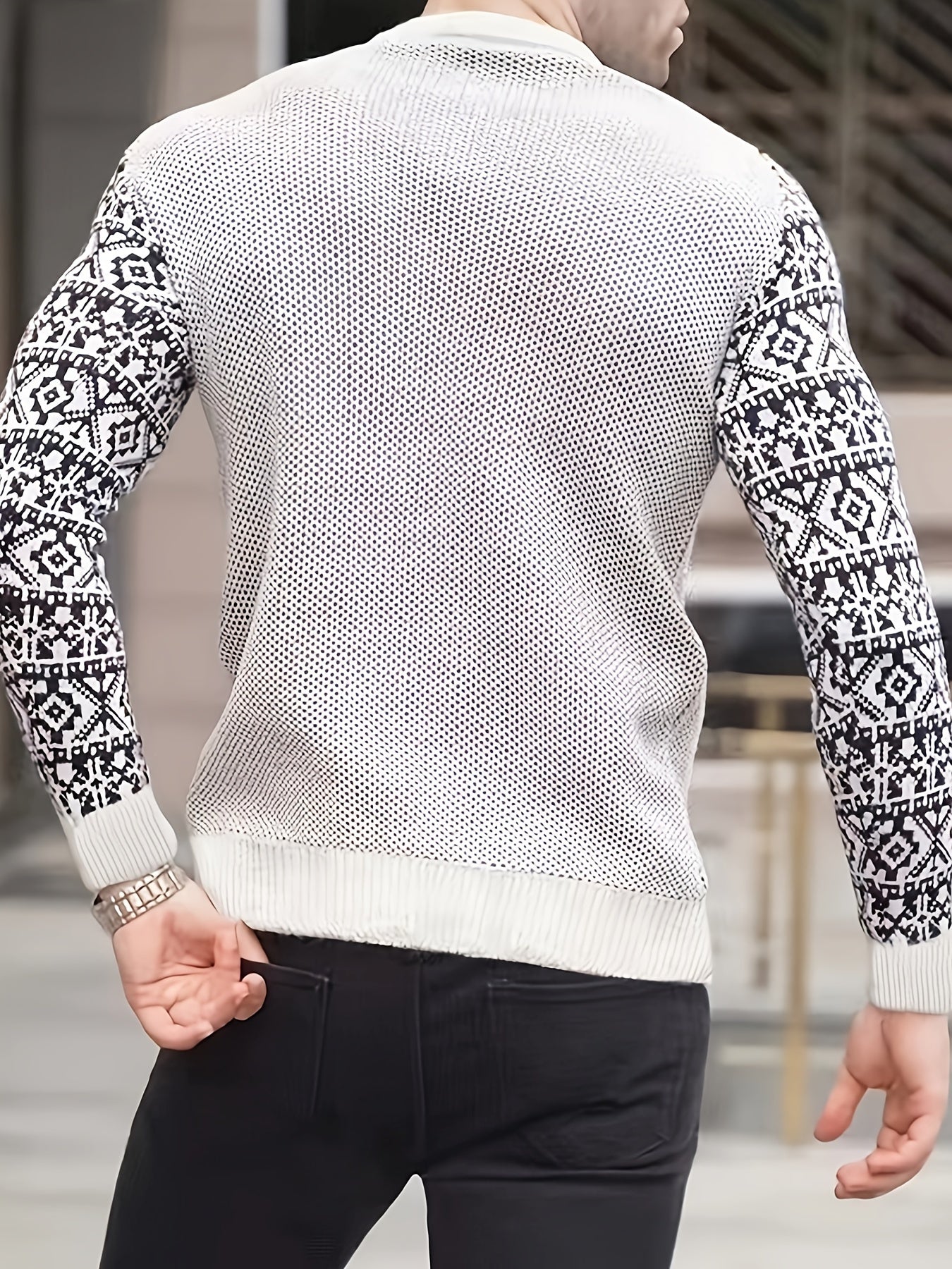 Waffle Trendy Patchwork Sweatshirt, Men's Casual Ethnic Pattern Sleeves Crew Neck Sweatshirt For Men Fall Winter