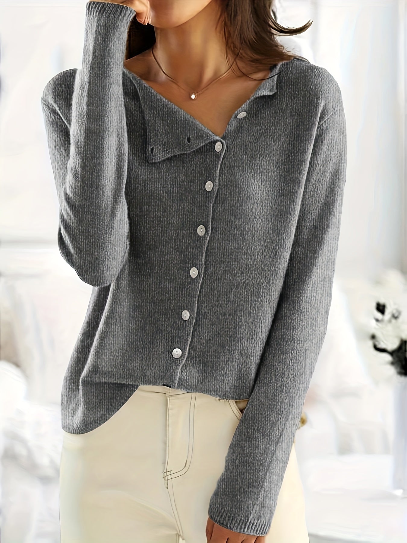 Solid Asymmetrical Button Front Knit Cardigan, Casual Crew Neck Long Sleeve Sweater, Women's Clothing