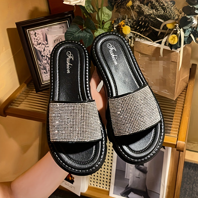 Women's Solid Color Glitter Slides, Lightweight Soft Sole Casual Summer Flats, Rhinestone Decor Beach Slides