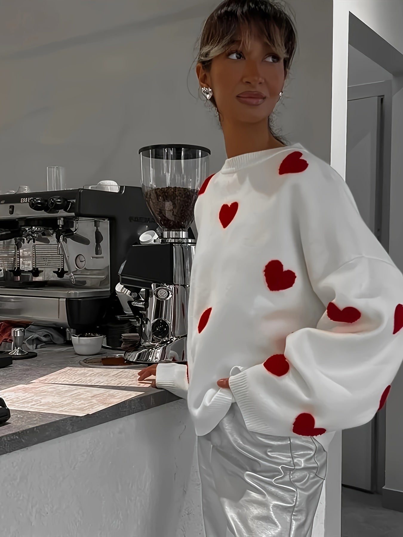 Pull à motif coeur Saint Valentin, Pull décontracté à manches longues, Vêtements pour femmes