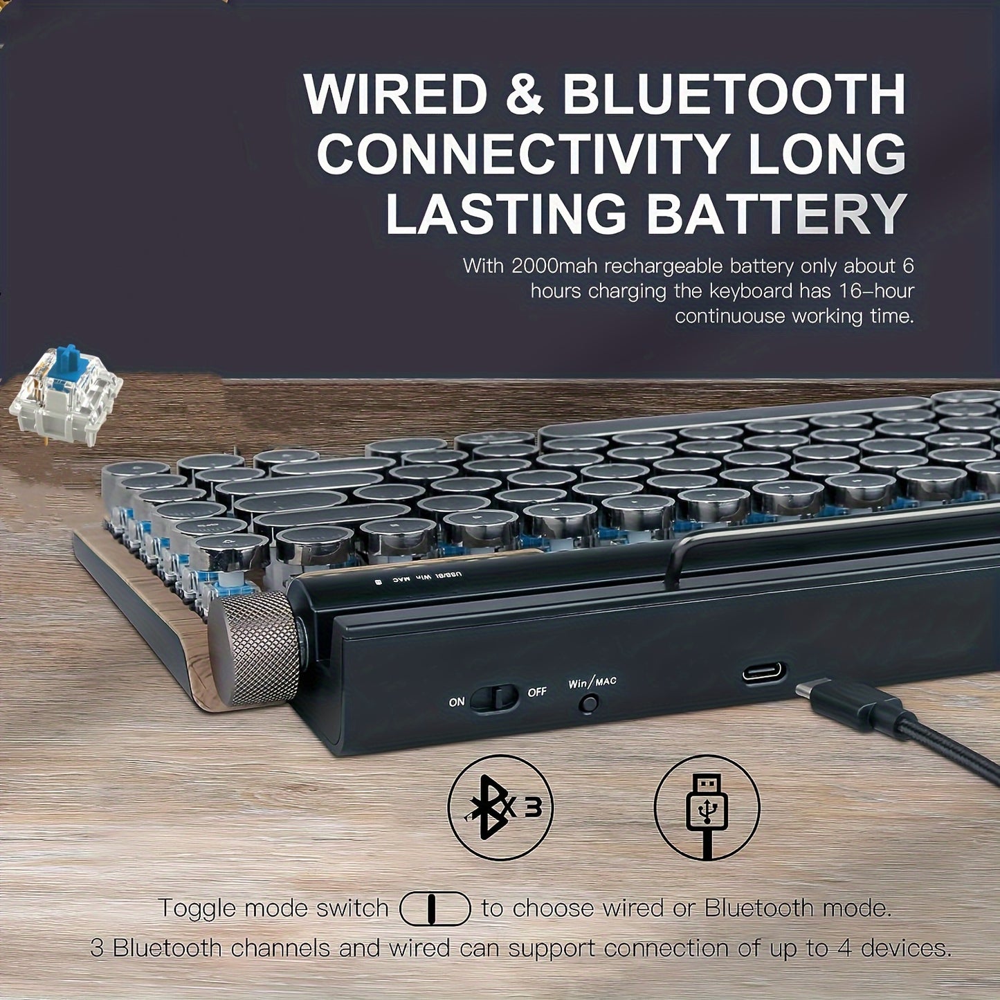 Wired And Wireless Retro Typewriter Mechanical Keyboard, Compact LED Backlit 83 Keys, Removable Axis Body, Round Keycap, Compatible With Windows\u002FmacOS\u002FAndroid\u002FLinux Mobile Phones And Tablets