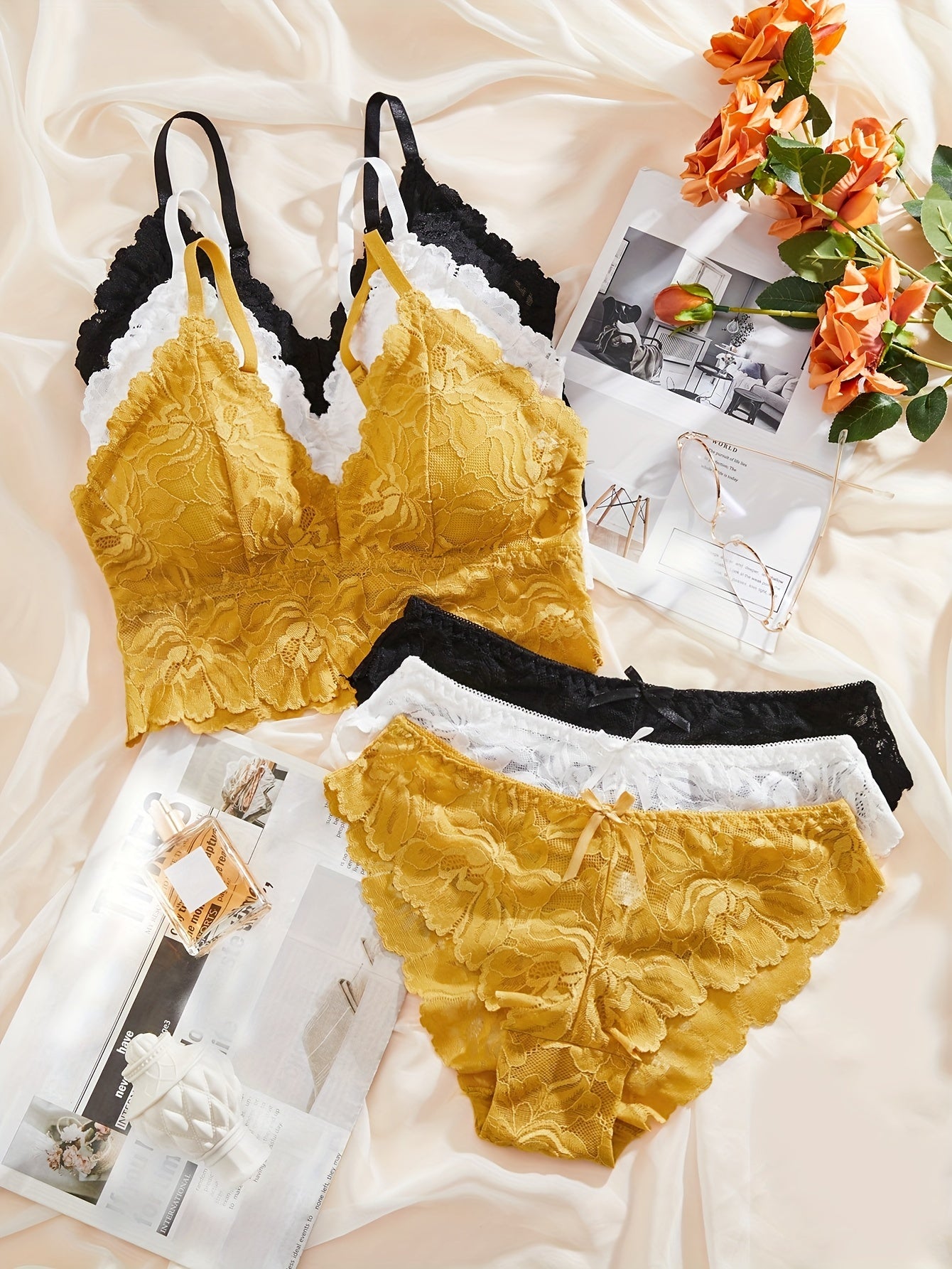 3 conjuntos de sutiã e calcinha de renda contrastante, sutiã sem fio e calcinha com laço, conjunto de lingerie, lingerie e roupa íntima feminina