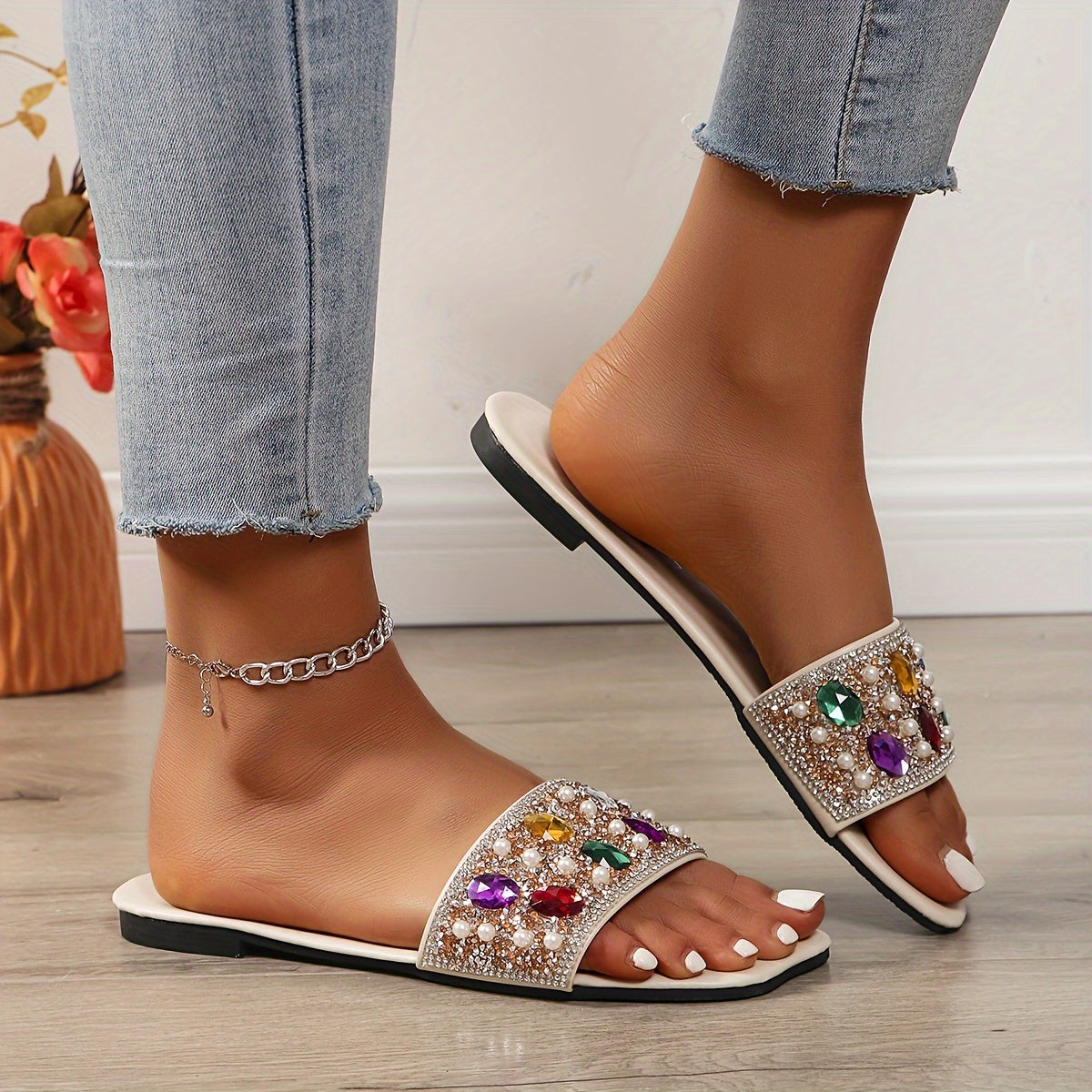 Women's Colorful Rhinestone & Faux Pearl Slides, Fashion Square Open Toe Summer Shoes, Single Band Outside Beach Slides