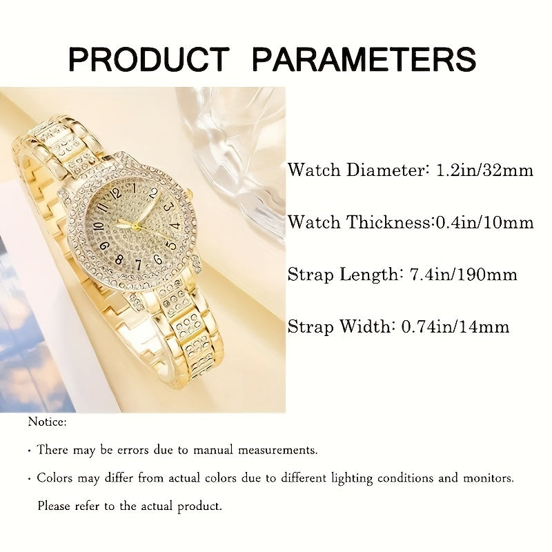 6pcs\u002Fset Women's Watch Luxury Rhinestone Quartz Watch Analog Stainless Steel Wrist Watch & Jewelry Set, Gift For Mom Her