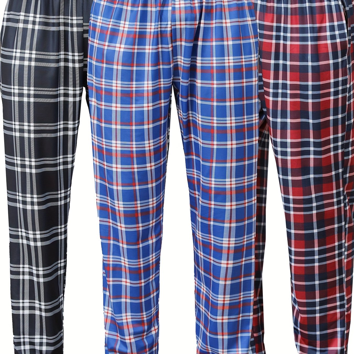 3pcs Men's Simple Style Plaid Pattern Casual Comfy Pants, Trendy Loose Stretchy Elastic Waist Home Pajamas Bottom, Suitable For Sleeping Home