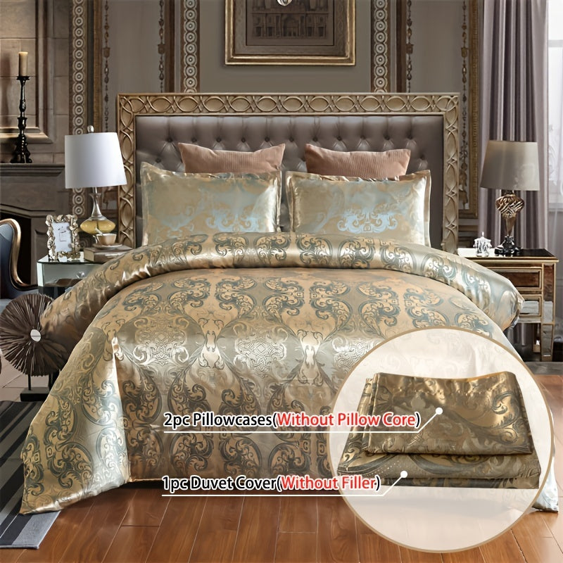 Conjunto luxuoso de capa de edredom jacquard de cetim europeu de 3 peças - roupa de cama macia e sedosa para quarto e quarto de hóspedes (capa de edredom de 1 peça + fronhas de 2 peças)