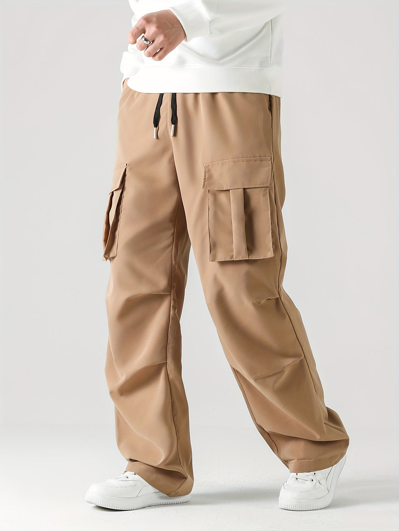 Men's Stylish Solid Color Multiple Pockets Cargo Pants, Casual Drawstring Oversized Loose Pants For Spring Fall Plus Size