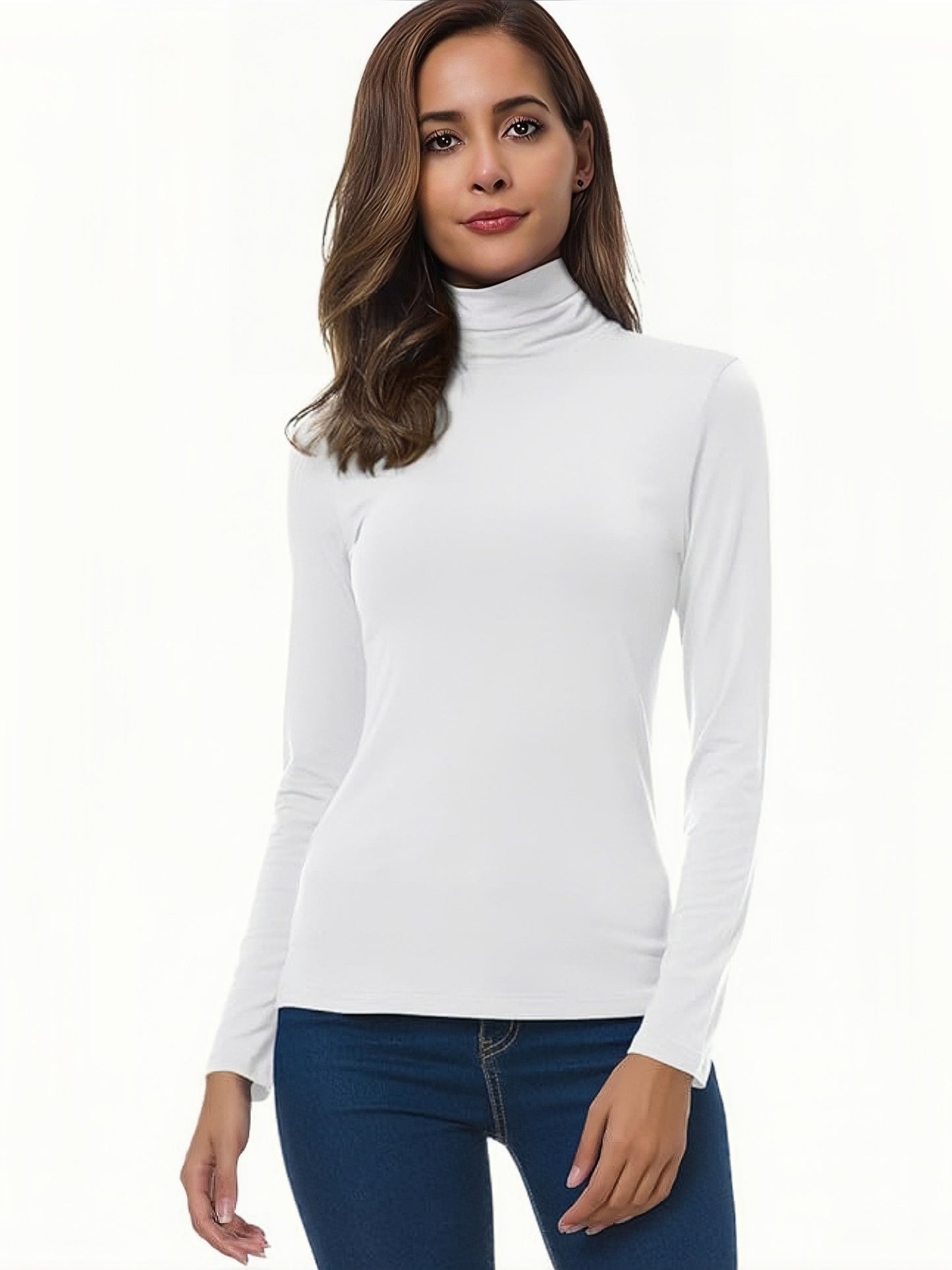 Sólido 4 paquetes de camiseta, camiseta casual de manga larga con cuello alto para primavera y otoño, ropa de mujer