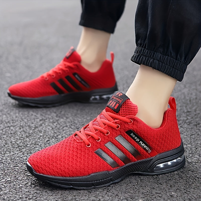 Men's Lace-up Sneakers With Air Cushion - Striped Athletic Shoes - Wear-resistant And Breathable - Running Basketball Workout Gym