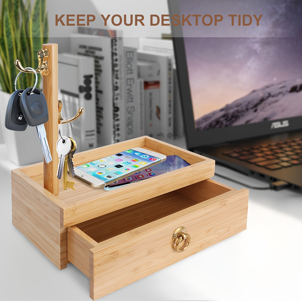 ICozzier Bamboo Desk Organizer, Desk Organizer With Drawers, Office Organizer For Desk, Stationery Organizer Box, Desk Storage Organizer For A4 Papers, Books, Pens, And Notebooks