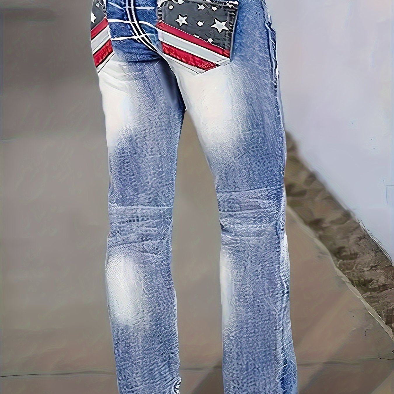 Plicated Pattern Bootcut Jeans, Star & Stripe Printed Patched Pocket Back Casual Denim Pants, Women's Denim Jeans & Clothing