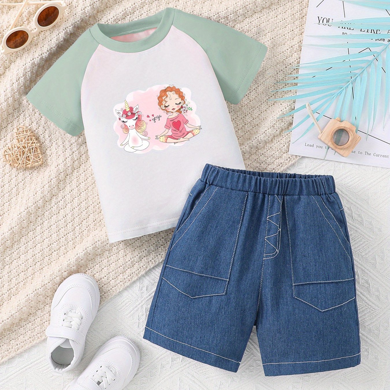 2pcs Toddler Kid Girls Cartoon Unicorn & Girl Pattern Raglan Colorblock Short Sleeve T-shirt + Denim Shorts Comfy Trendy Summer Clothing