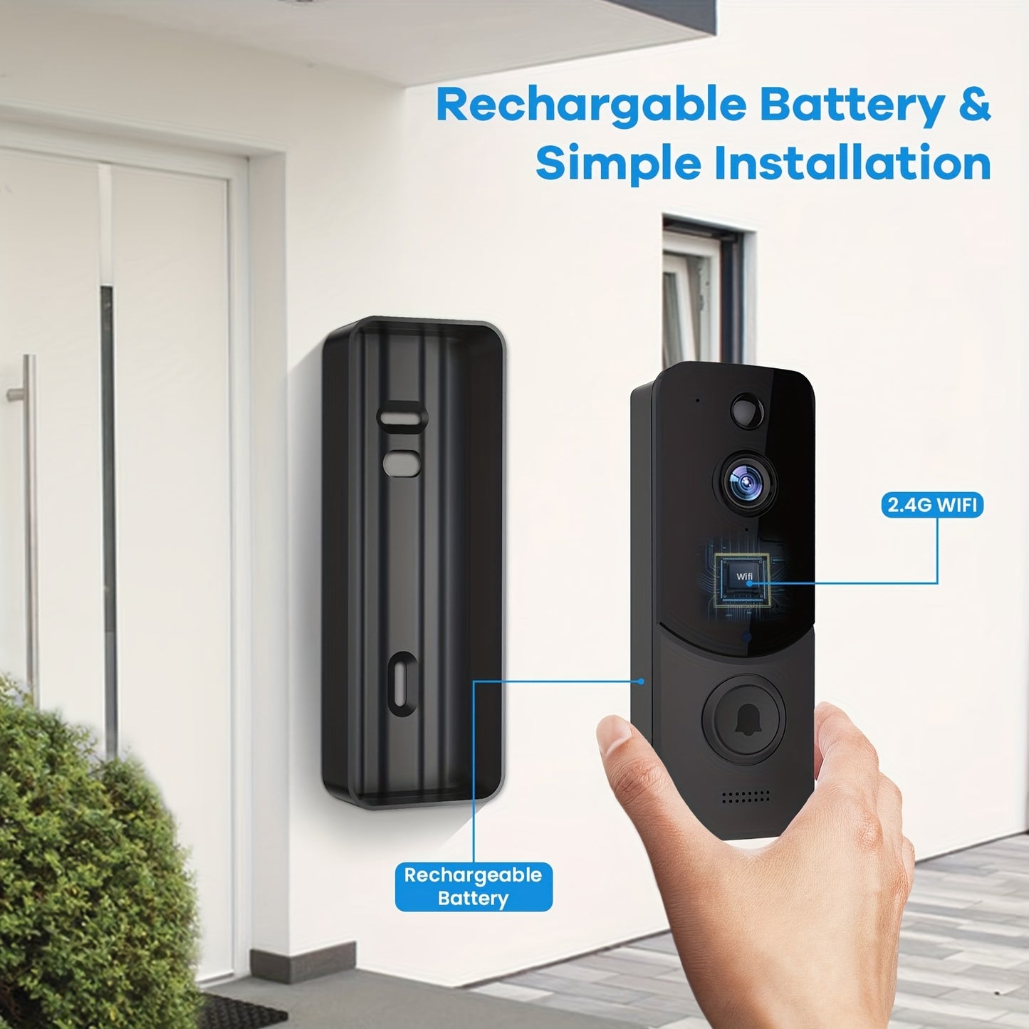 HD Doorbell Camera Wireless, Smart Camera With PIR Motion Detection, Two- Way Audio, Real Time Images, Built-in Light Night Vision, Cloud Storage, Rechargeable Battery 100% Wireless, 2.4 G WiFi Support, Easy To Install