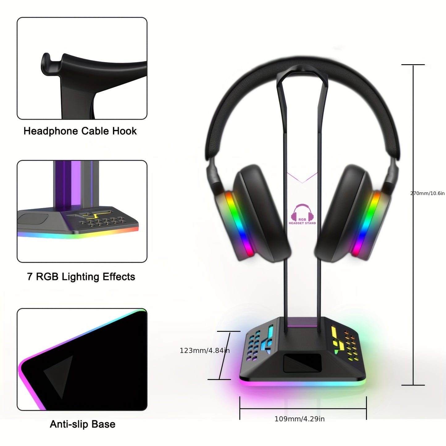 Gaming Headset Stand Headphone With Cable Hook 7 RGB Lighting Effects Anti-slip Base