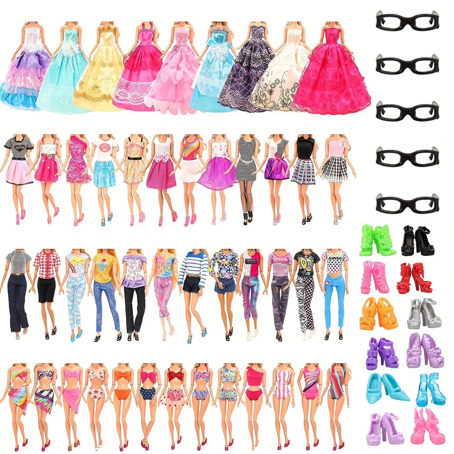 31Pack Doll Clothes And Accessories 5pcs Fashion Dresses 3pcs Gown Dresses 3 Bikini Swimsuits 5 Outfits 10 Shoes 5 Glasses For 11.5 Inch Doll