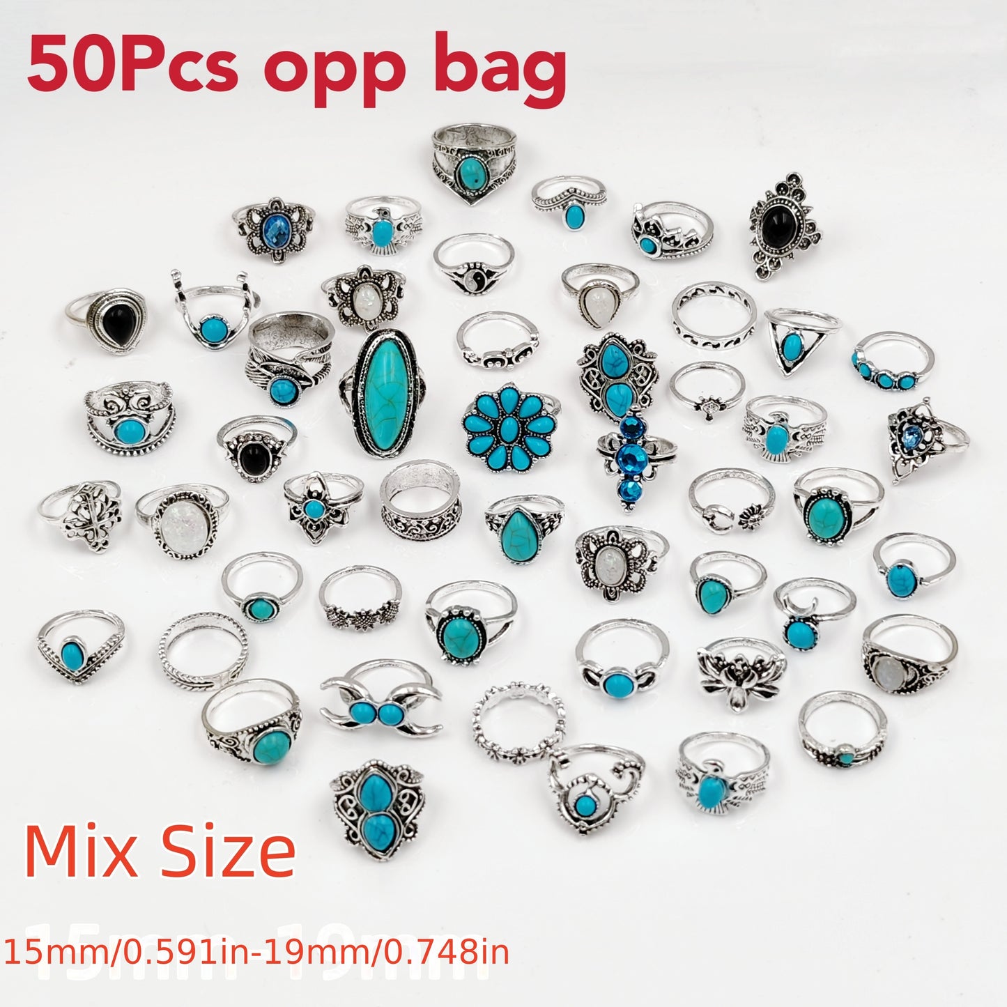 50pcs Boho Style Ring Set Trendy Flower \u002F Crown \u002F Geometry Design Inlaid Turquoise Mix And Match For Daily Outfits Blind Bag With Uncertain Styles