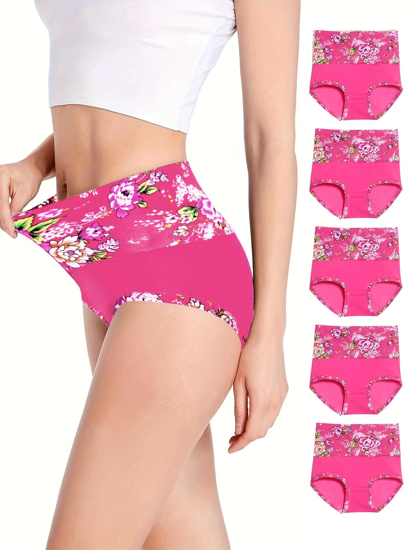 5pcs Floral Print Briefs, Comfy & Breathable Stretchy Intimates Panties, Women's Lingerie & Underwear