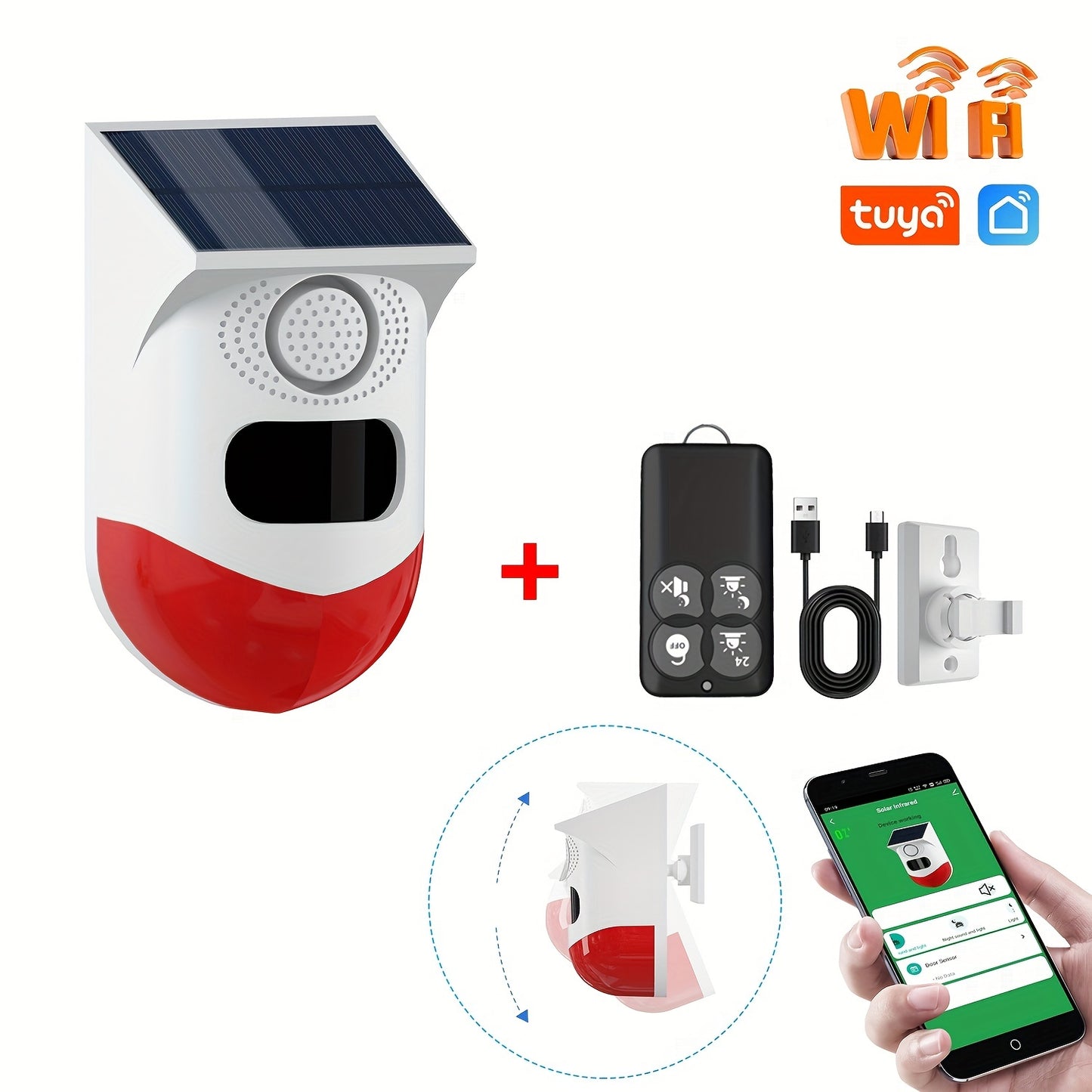 1 pacote de luz de alarme estroboscópica solar com detector de sensor de movimento, luzes de alarme externas inteligentes, controle remoto de sirene de som de 120db, 7 modos, notificação de aplicativo em tempo real para casa, fazenda, celeiro, vila, quint