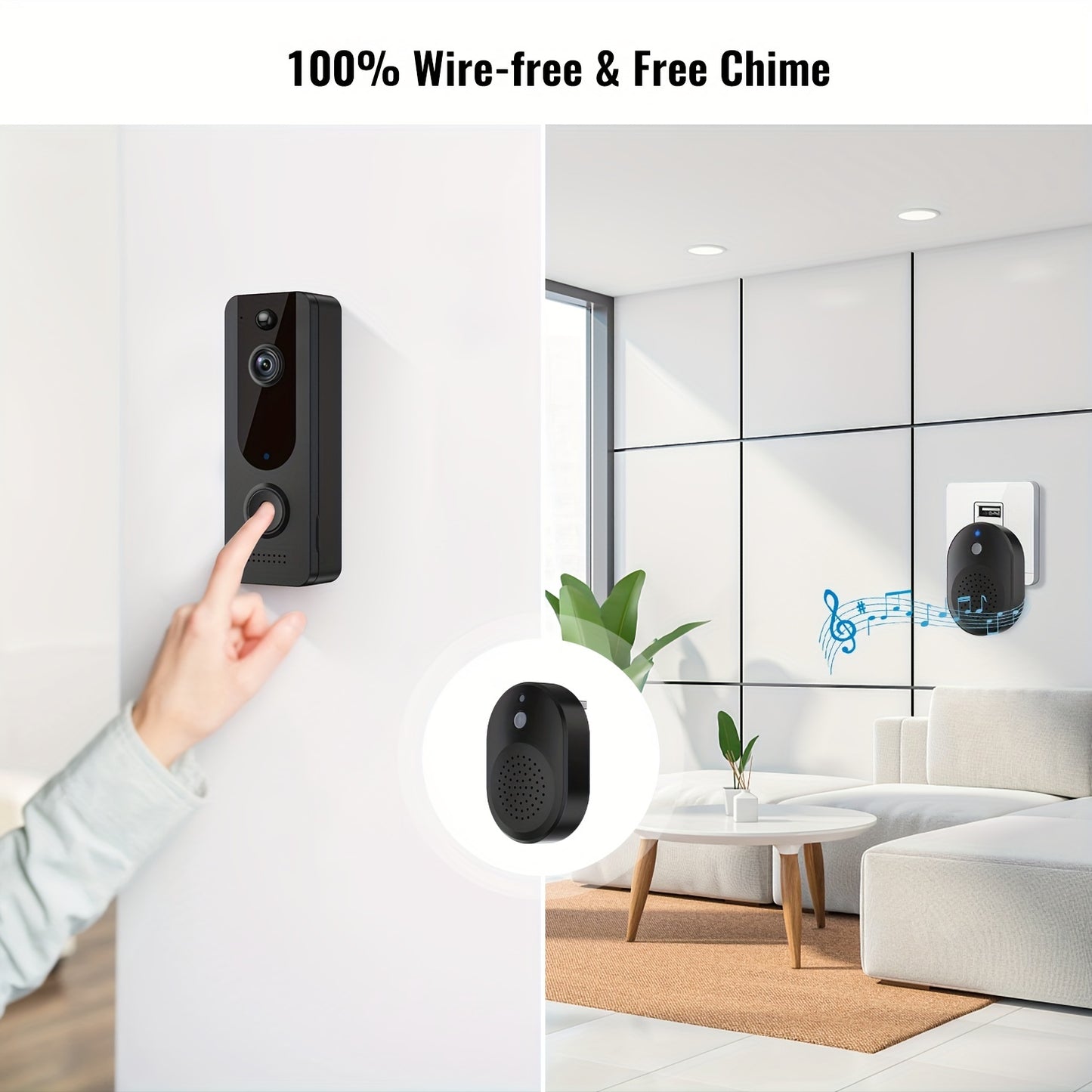 Câmera de campainha de vídeo WiFi, câmera de campainha sem fio com campainha, alertas em tempo real, visão noturna, alimentada por bateria, áudio bidirecional, detecção humana AI, IP65 à prova d&#39;água, armazenamento em nuvem, fácil instalação