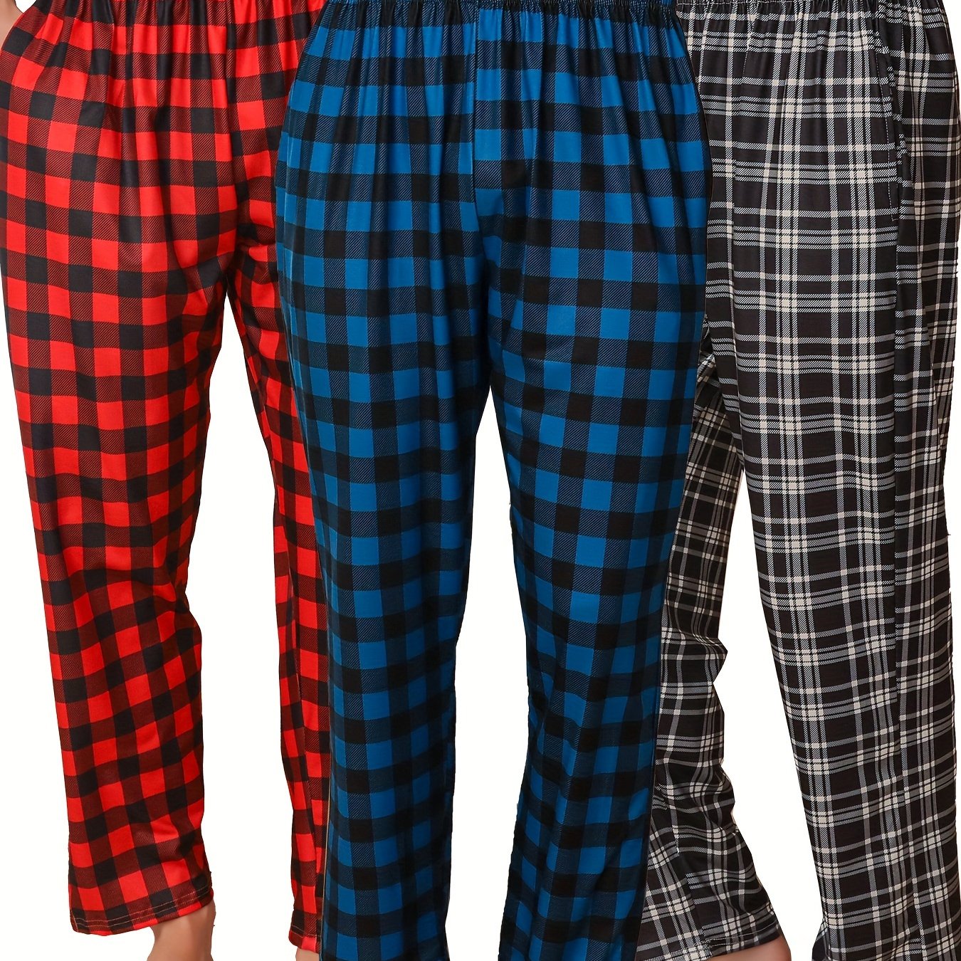 3pcs Men's Simple Style Plaid Pattern Casual Comfy Pants, Trendy Loose Stretchy Elastic Waist Home Pajamas Bottom, Suitable For Sleeping Home