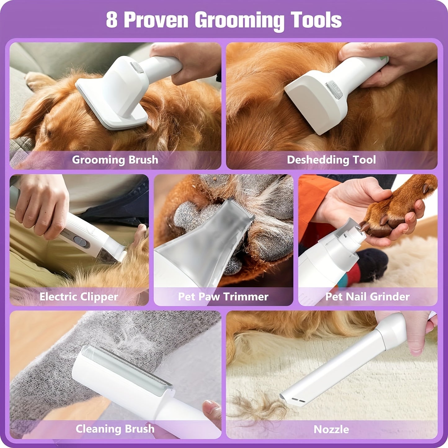 Pet Grooming Kit & Dog Hair Vacuum 99% Pet Hair Suction, 50.72oz Pet Vacuum Groomer With 8 Pet Grooming Tools, 6 Nozzles, Quiet Dog Brush Vacuum With Nail Grinder\u002FPaw Trimmer For Dogs Cats