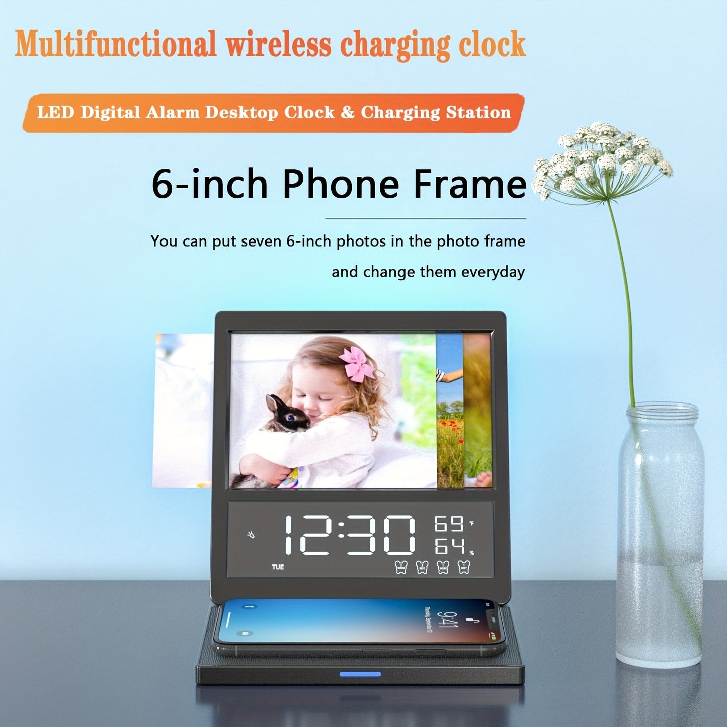 Cargador inalámbrico multifuncional Reloj de alarma digital FM 15W Estación de cargador inalámbrico para iPhone \ u002F Samsung Galaxy, 5 nivel Dimmer 10 Wake Sounds Luz de noche de cabecera