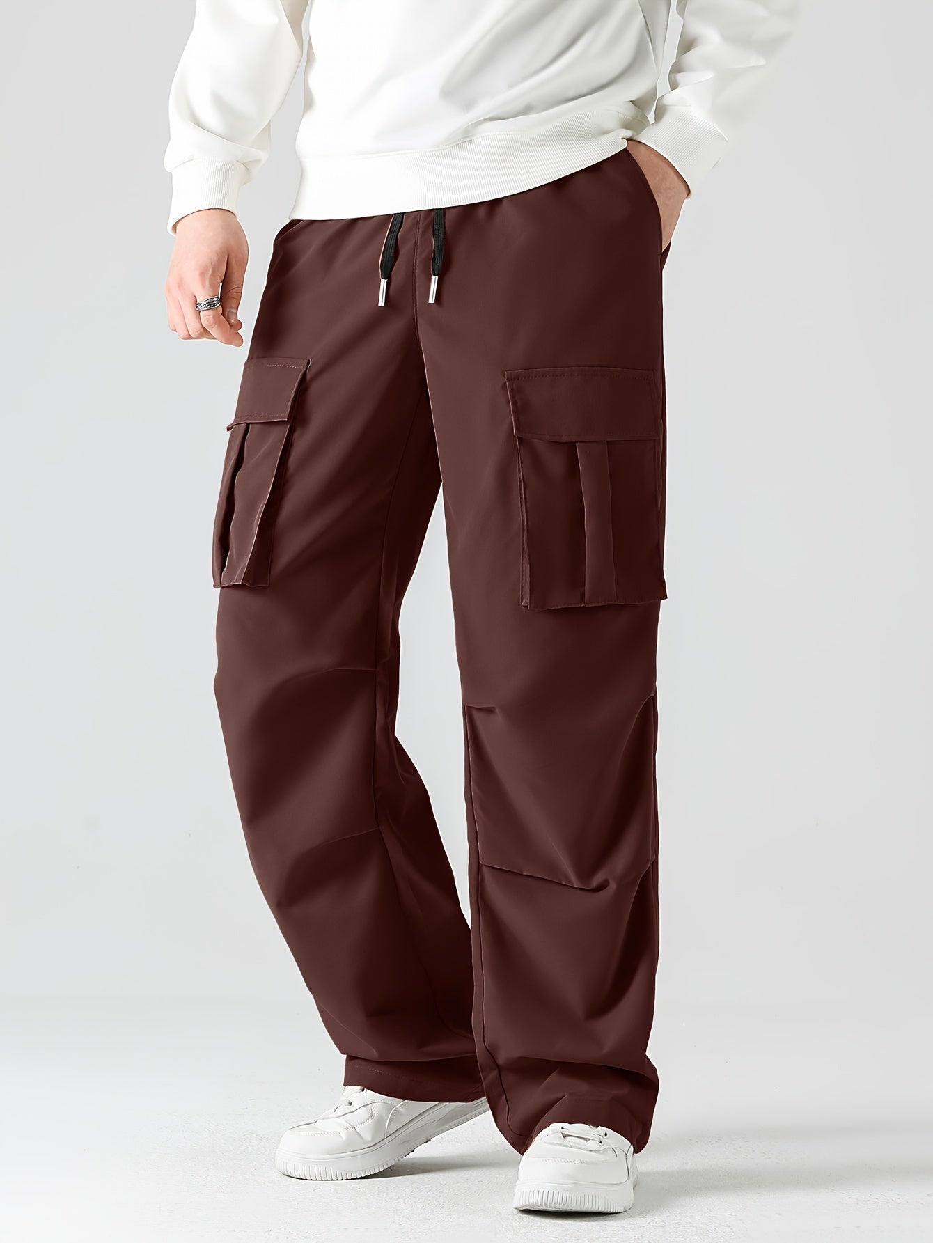 Men's Stylish Solid Color Multiple Pockets Cargo Pants, Casual Drawstring Oversized Loose Pants For Spring Fall Plus Size